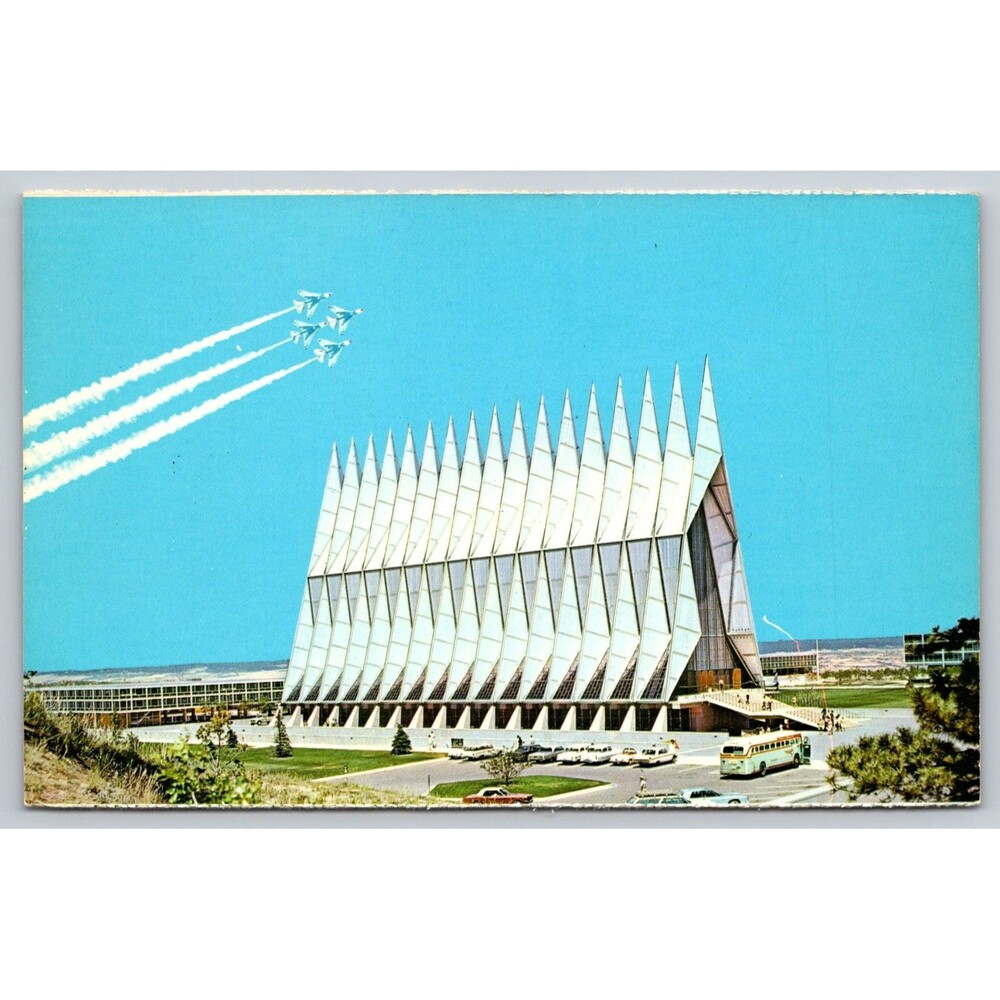 US Air Force Academy Cadet Chapel Colorado Vintage Postcard Aerial Jet Flyover